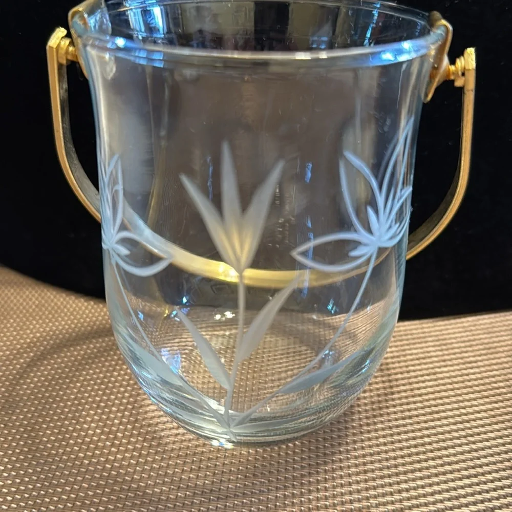 Vintage Italian etched crystal sugar cube bucket with gold tone handle & tongs